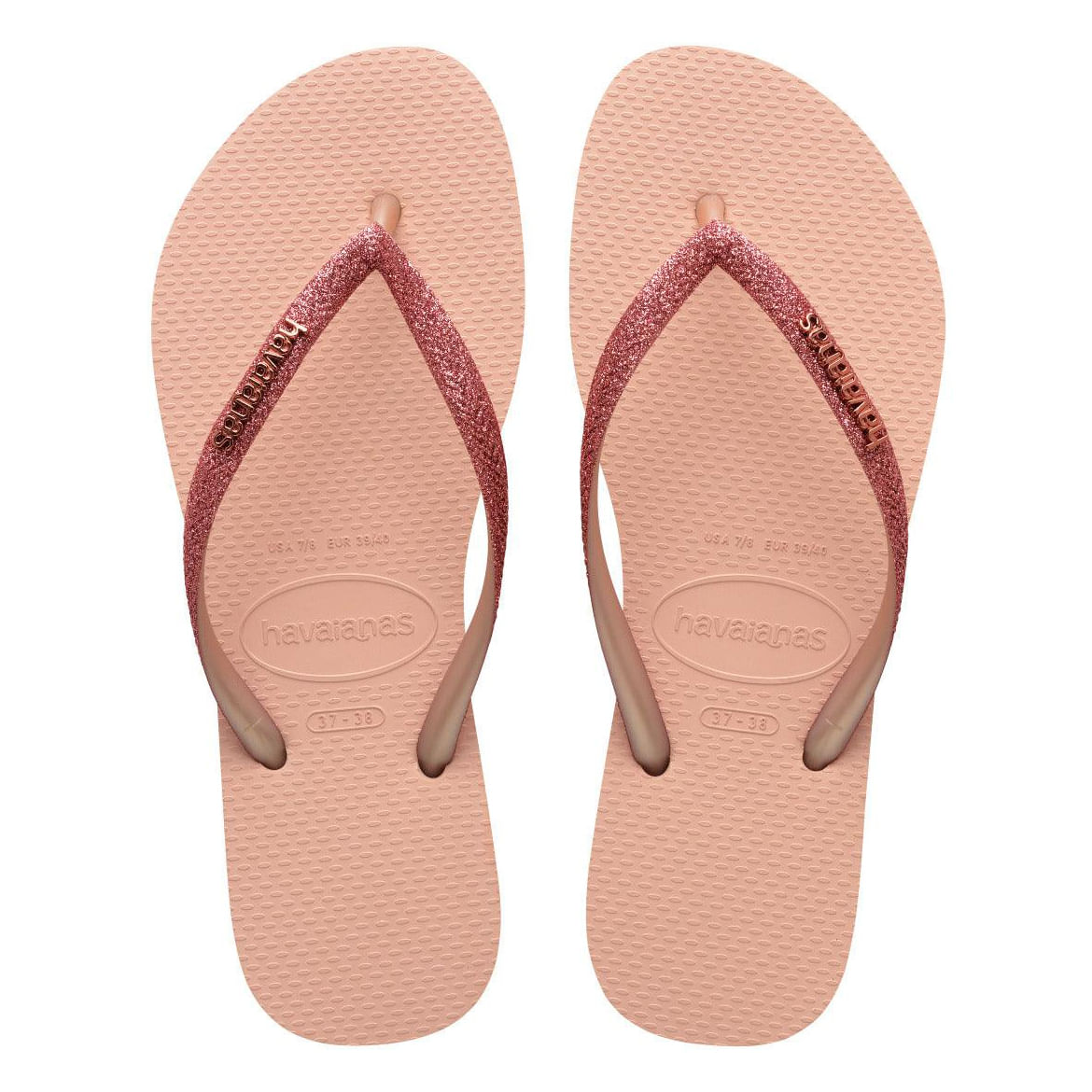 Par de chinelos Havaianas Slim Glitter II rosa visto de cima mostrando palmilha texturizada
